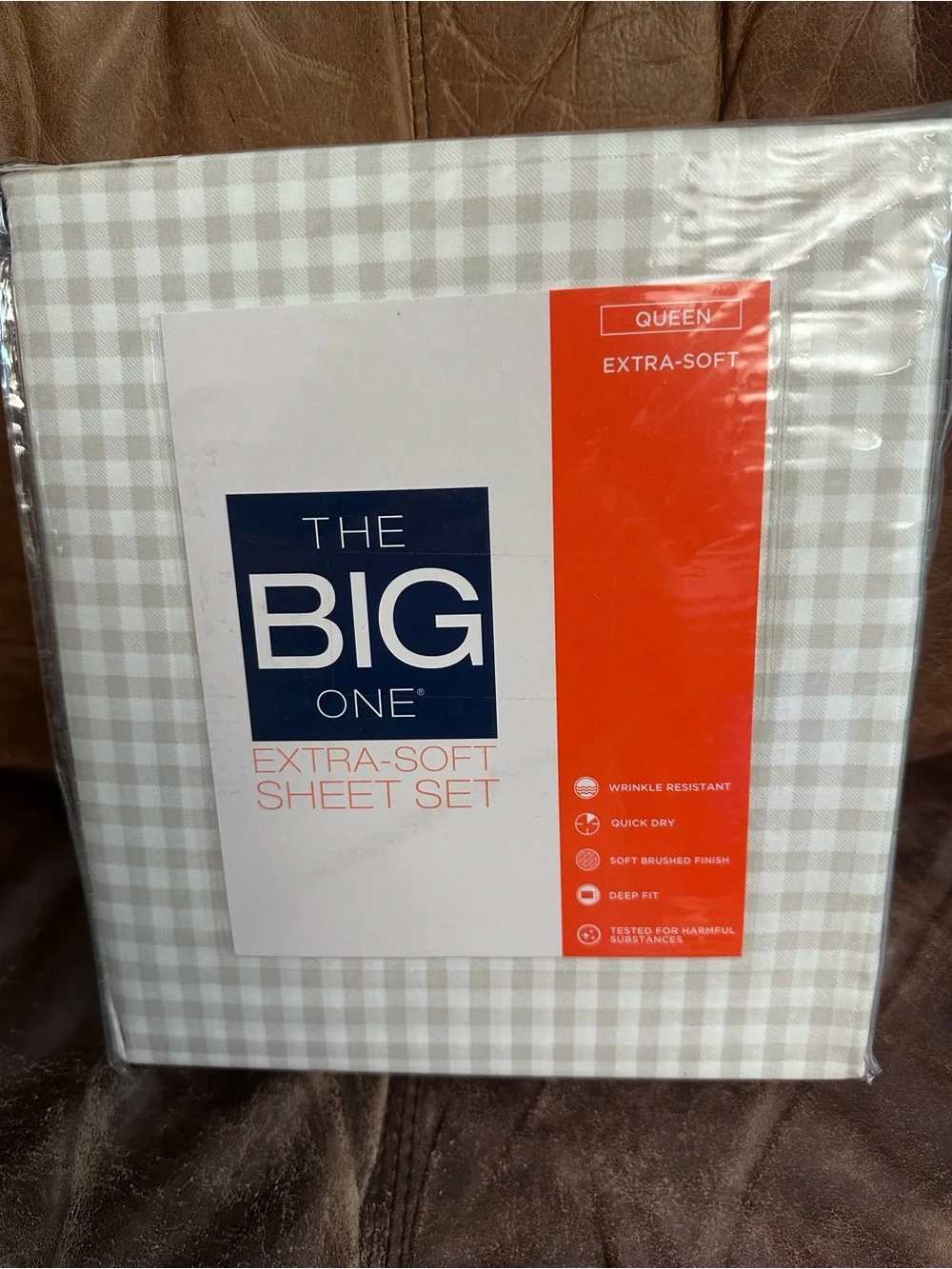 The Big One Queen Extra-Soft Sheet Set - Light Beige & White Gingham NEW